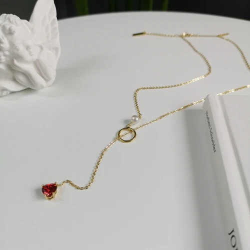 gold 925 пробы Серебряное 18 К Золотое ожерелье для женщин с жемчугом Y капля ожерелье подвеска в форме сердца красный рубин CZ Циркон ожерелье лариат - Цвет камня: gold