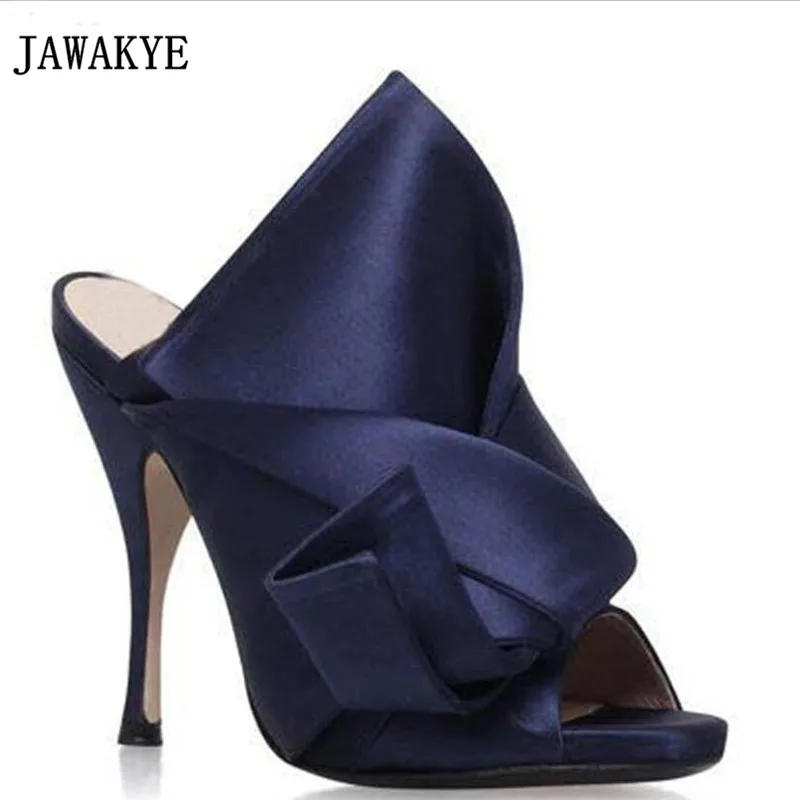 navy blue JAWAKYE большая бабочка-узел на высоком каблуке сандалии Для женщин открытый носок кроссовер Женская обувь красного цвета уютный Шелковый шлепанцы на высоком каблуке - Цвет: navy blue