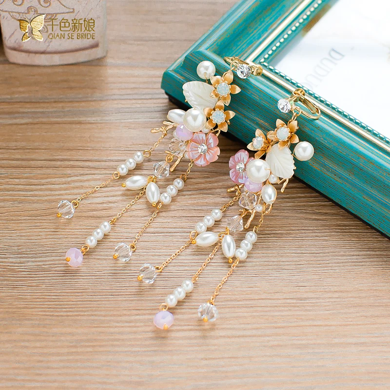 Модные длинные серьги Клип Кристалл Rhinestone Цветочный жемчуг девушка ювелирные