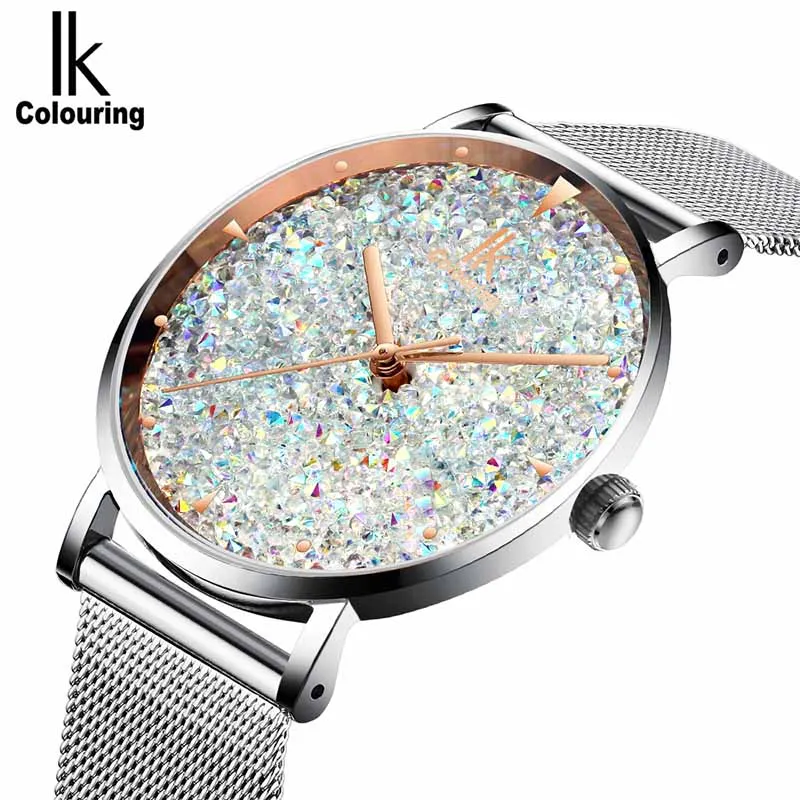 Silver white Женские кварцевые часы с плетеным стальным ремешком Relogio Feminino IK, Роскошные блестящие часы с циферблатом, женские часы Cinturino Milanese - Цвет: Silver white