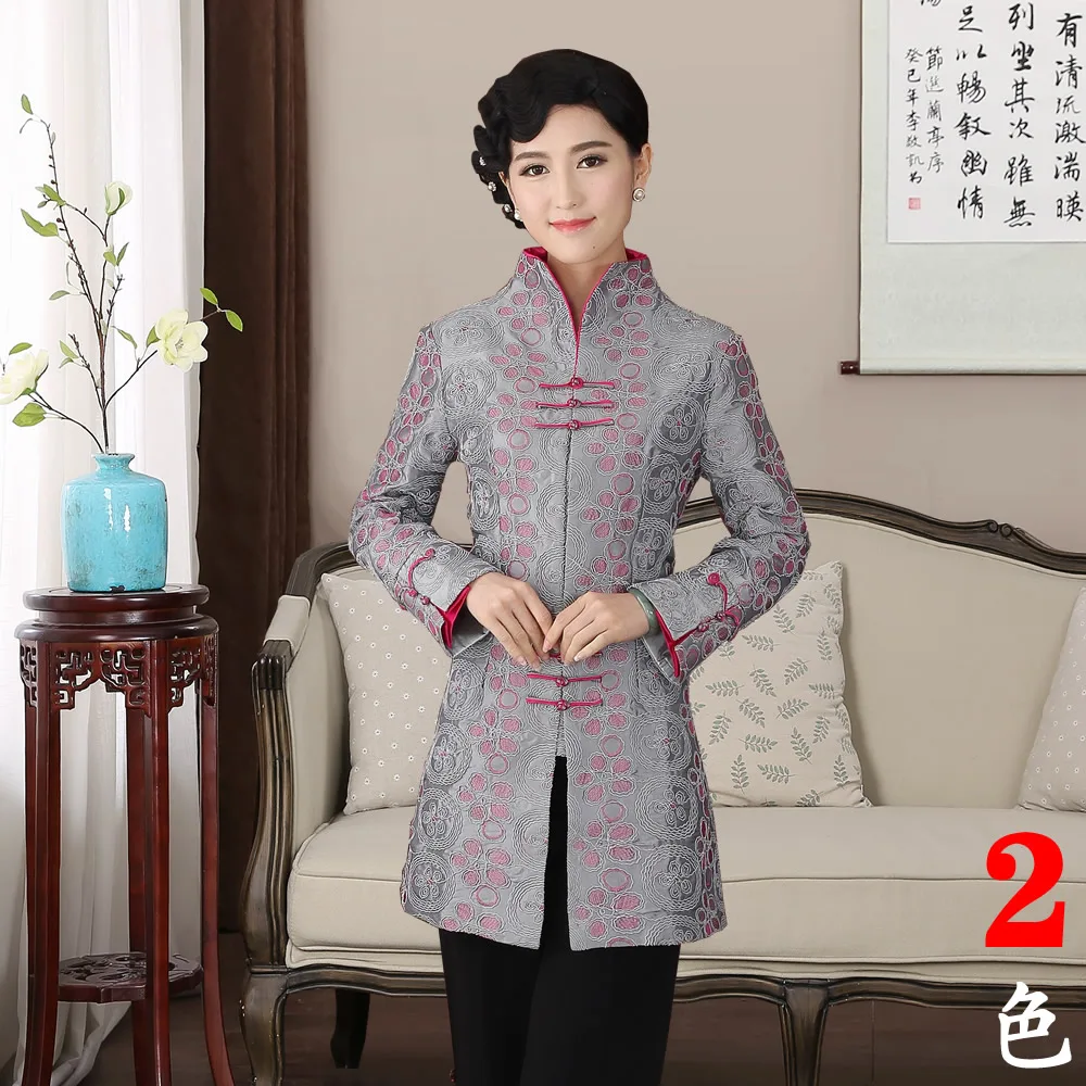 

Traditional Chinese Dust Coat Women's Satin Long Jacket Gray/Red Size M-4XL