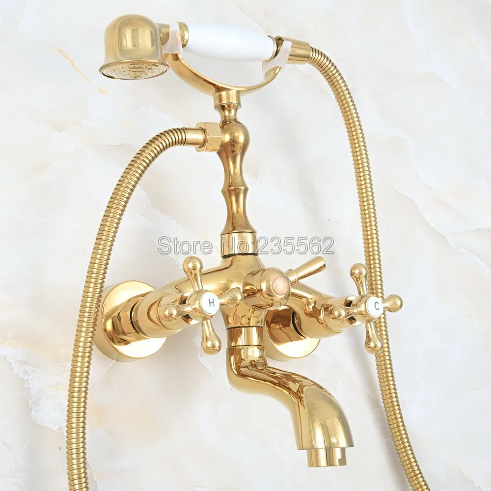 Luxury Gold Color Brass Bath Shower Faucet Set Dual Handle Wall Mounted Clawfoot Tub Mixer Tap lna801 | Обустройство дома