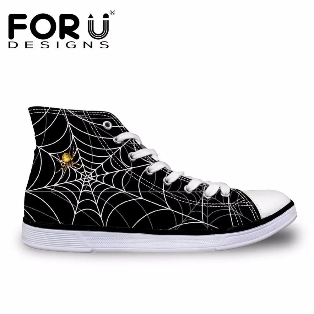 FORUDESIGNS/женская Повседневная парусиновая обувь черного цвета; винтажная женская обувь с высоким берцем на шнуровке; Вулканизированная обувь; женская обувь на плоской подошве с узорами в виде паутины;