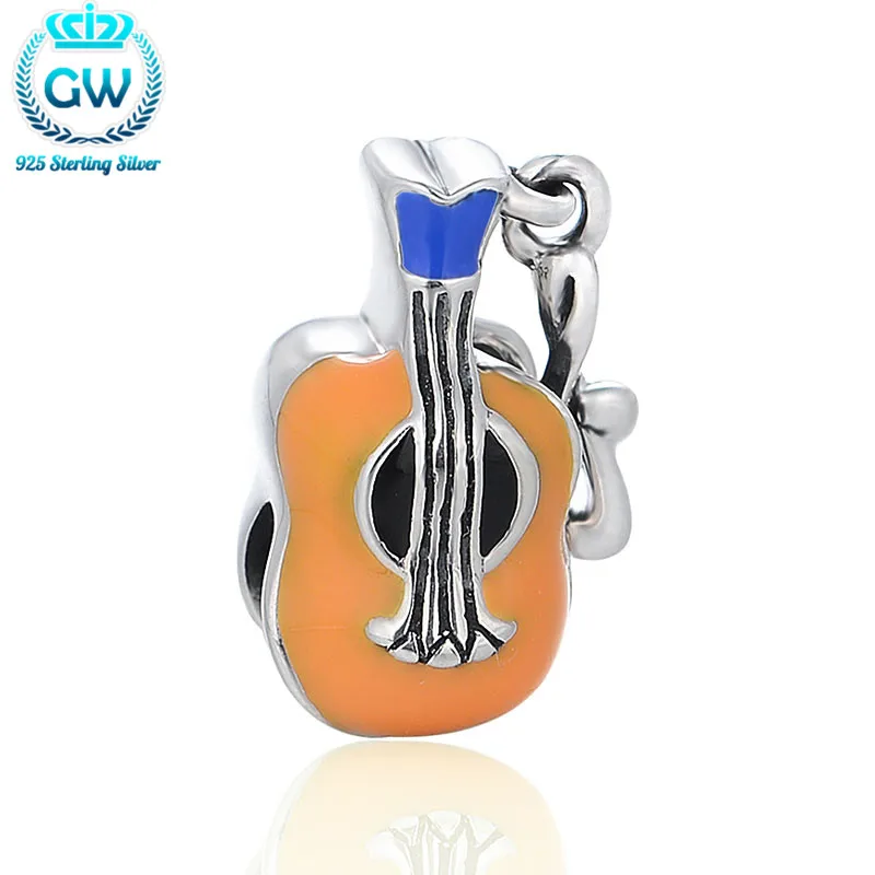 Серебряный 925 Ювелирная Скрипка Подвески оранжевый цвет эмаль Diy втулок для