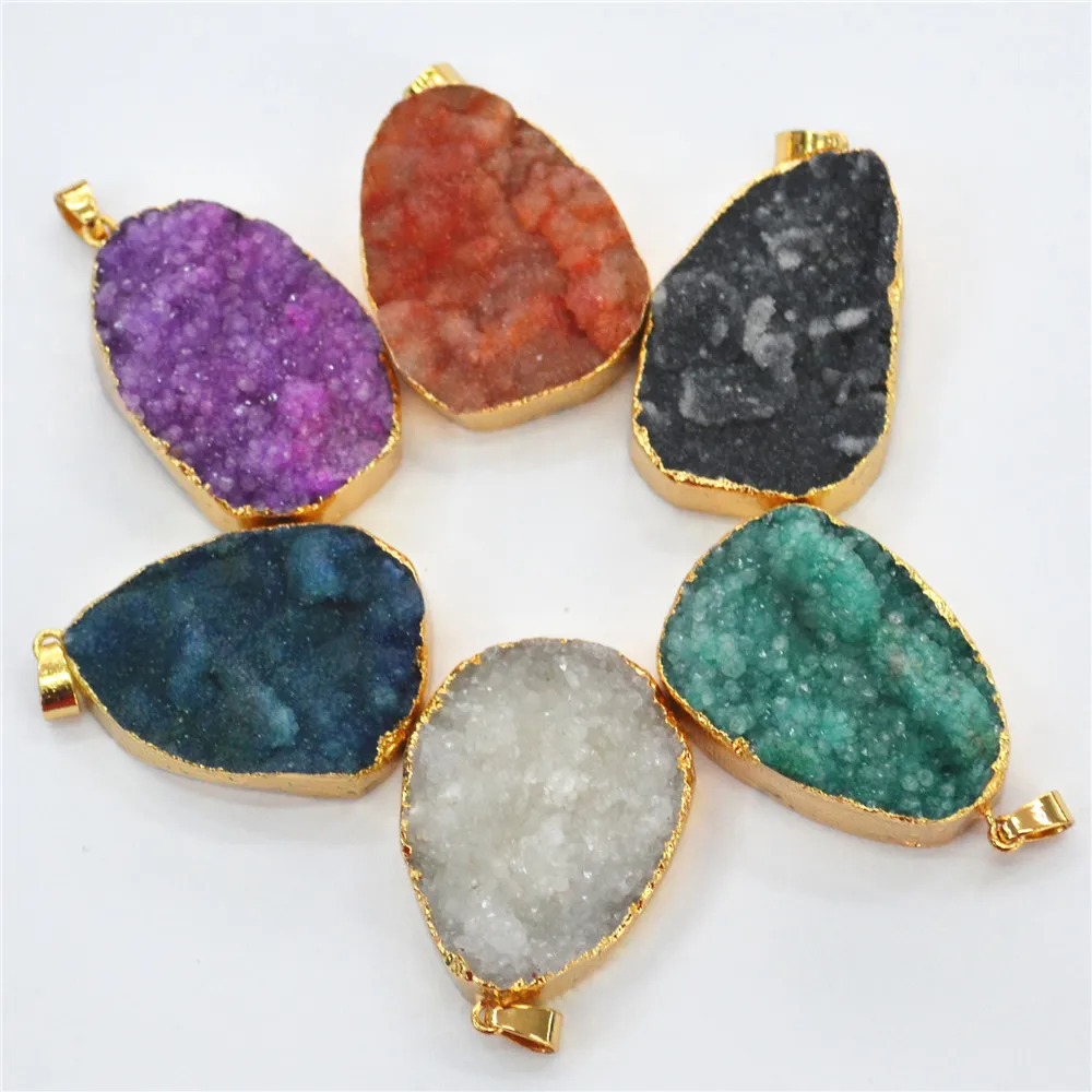 Natural Blue Pink Druzys Agates Pendants Charms jewelry ,Stone Carnelian Connector 46x30mm,Mixed Colors Sent 6PCS Free Shipping