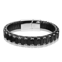 janeyacy genuine leather bracelet for men black color stainless steel wire bangle mens jewelry for friend new arrival
