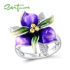 Женское серебряное кольцо SANTUZZA, кольцо из стерлингового серебра 925 пробы с фиолетовым цветком и белым кубическим цирконием, вечерние ювелирные изделия ручной работы, эмаль