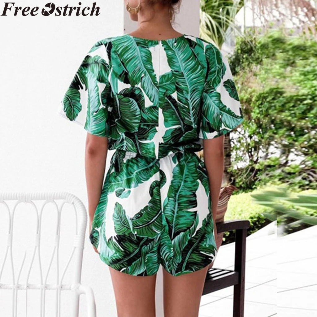 Summer short romper Women jumpsuit leaf print plus size playsuit high waist lace up Ladies sleeve casual | Женская одежда