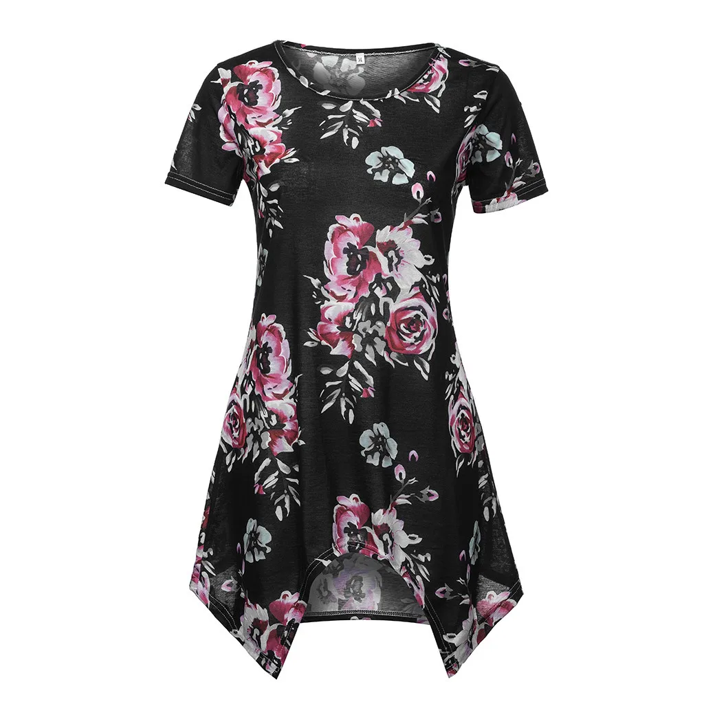 Женские футболки SAGACE короткий рукав цветочный принт неровный подол футболка