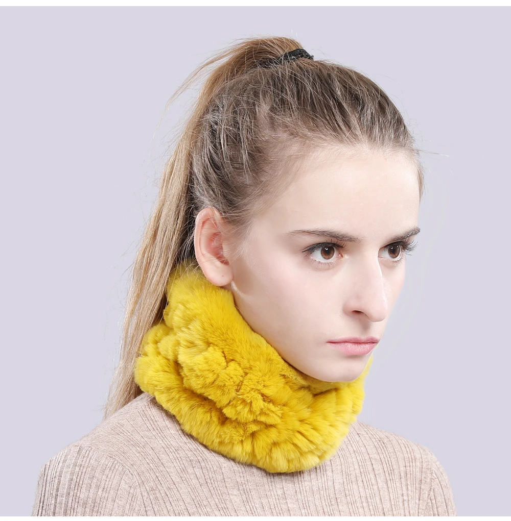 Women Real Fur Handmade Stretch Fur Scarf Knit Genuine Rex Rabbit Fur Headbands Girls Natural Fur Ring Cowl Snood Scarves Winter