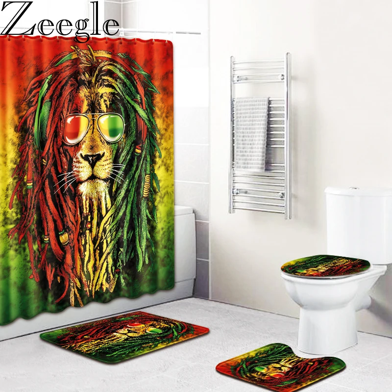 

4Pcs 3D Animal Printed Bath Mat Set Non Slip Bathroom Carpet Waterproof Shower Curtain 3D Polyester Bathroom Curtains