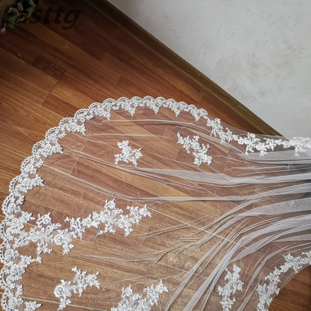 2021 New Real Photos White/Ivory Bridal Veil Appliqued Mantilla velos de novia Wedding Veil Long With Comb Wedding Accessories