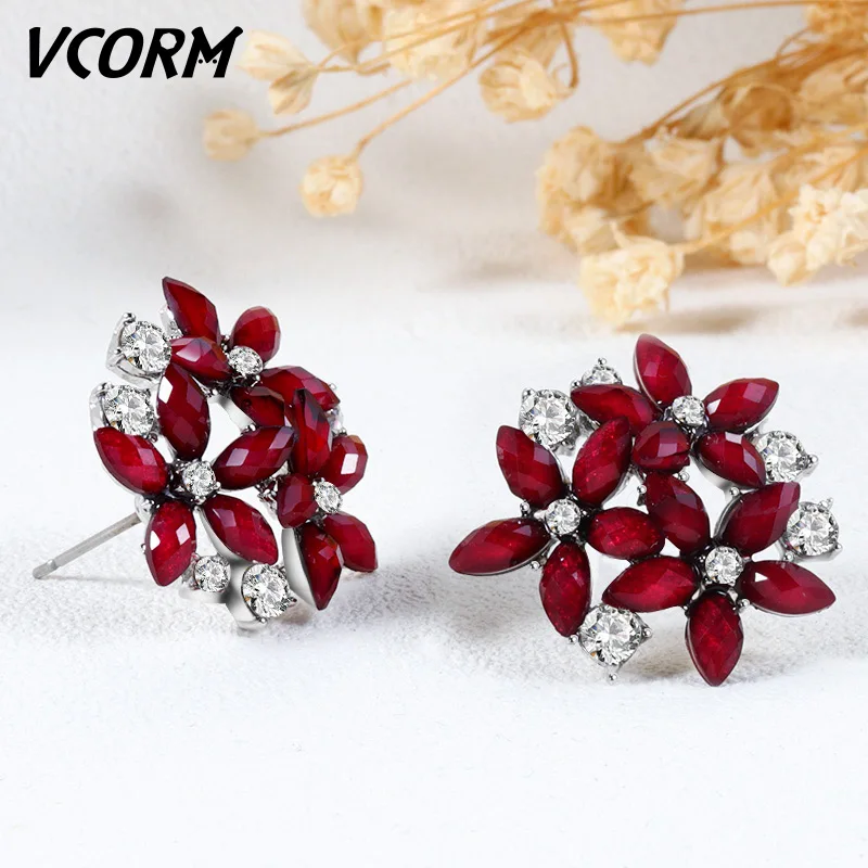 VCORM Fashion Water Crystal Small Stud Earrings for Women Cute Flower Statement Zirconia Earring Accessories Jewelry | Украшения и