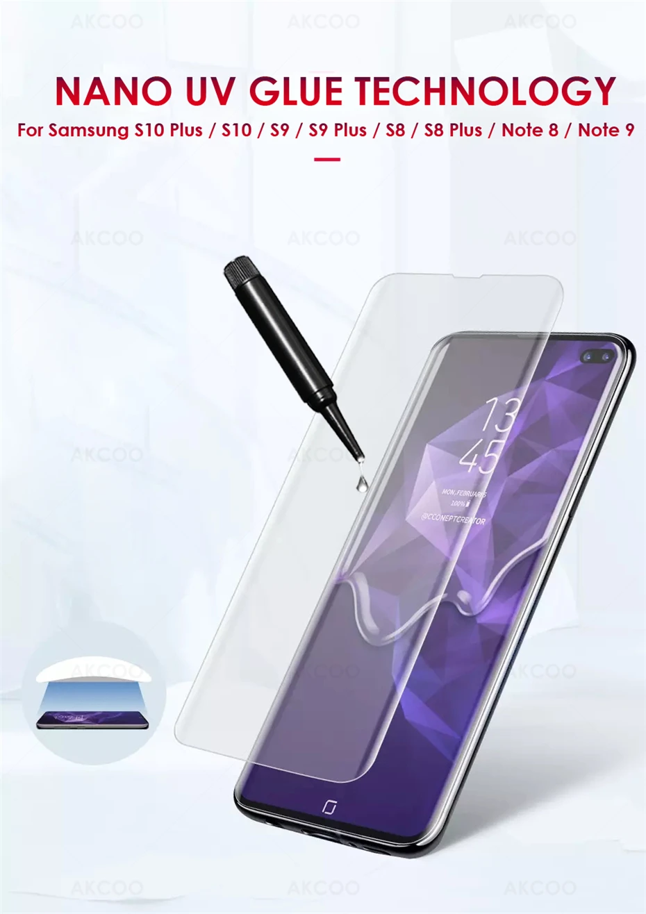 Akcoo S10 Plus закаленное стекло Полный Клей протектор экрана для samsung Galaxy S8 9 Plus Note 8 9 10 UV стекло протектор экрана