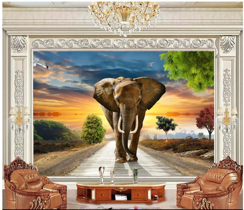 3d обои на заказ фотообои с изображением пастбища леса слона дороги гостиной