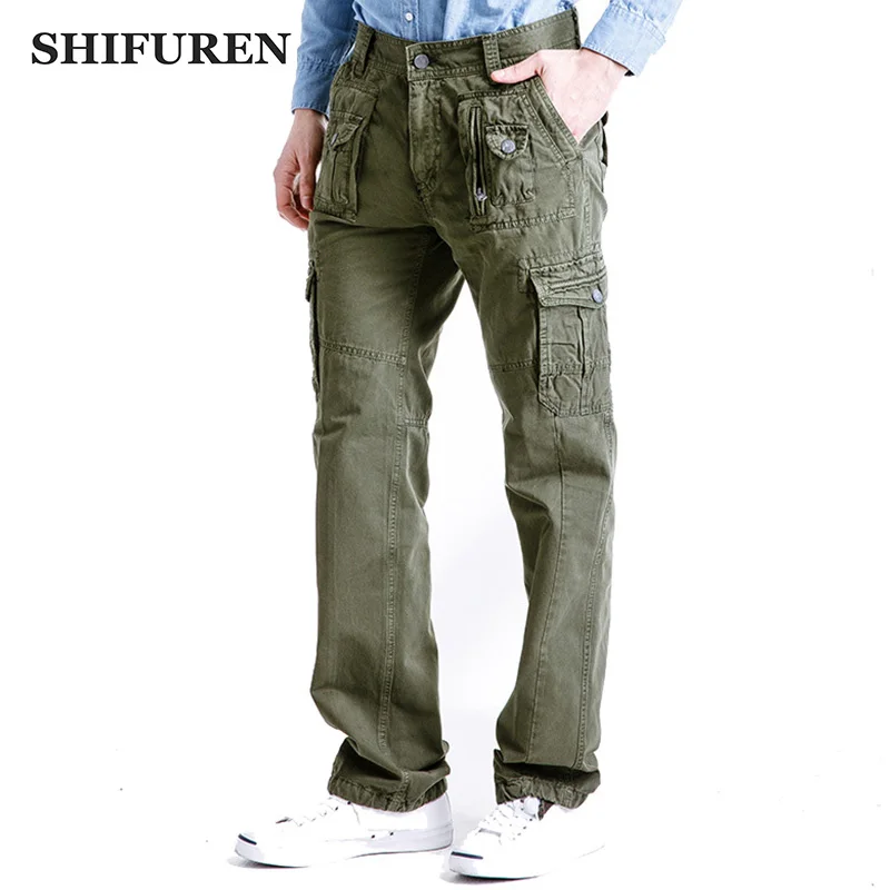 SHIFUREN Fashion 2017 Men Baggy Cargo Pants Loose Fit Multi Pocket 100%