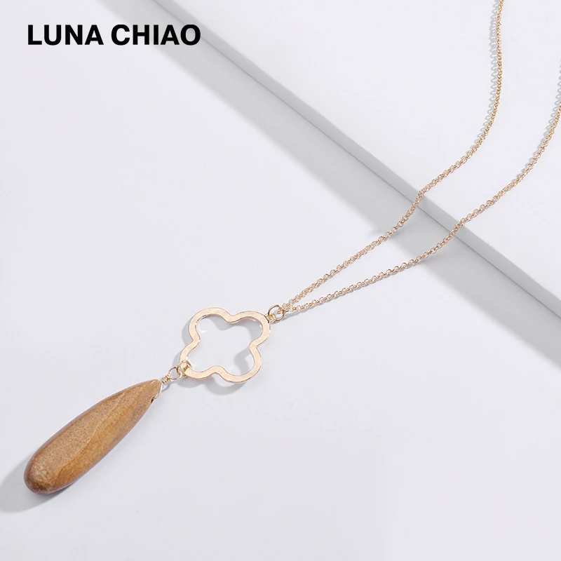 LUNA CHIAO 2018 Fall New Arrival Water Drop Natural White Marble Labradorite Stone Long Pendant Necklace for Women | Украшения и