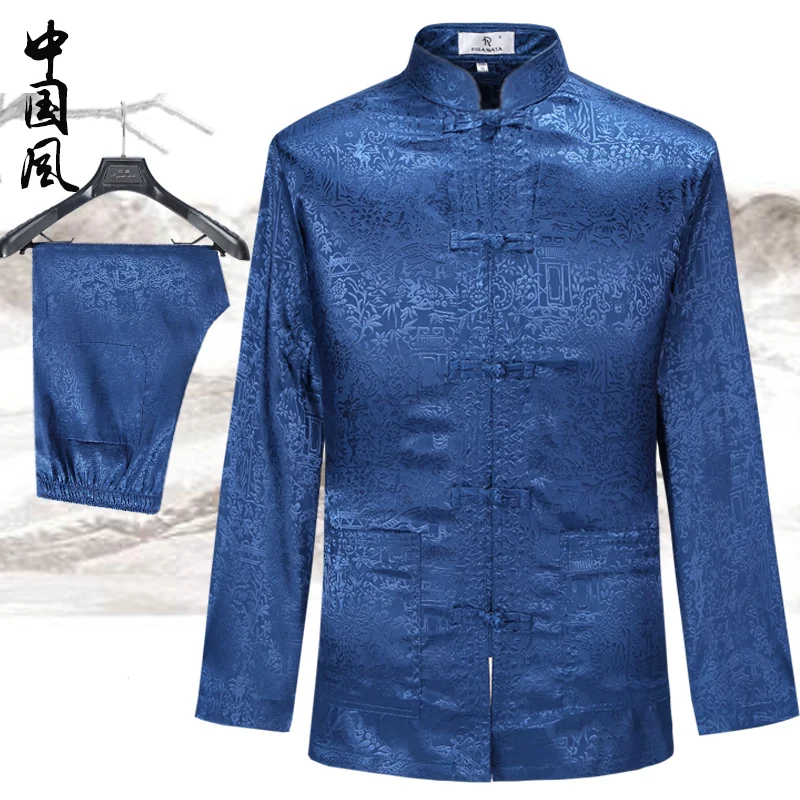 

elderly tang suit mens long-sleeve suit set spring and autumn silk chinese style national clothing plate ternos masculino 3XL