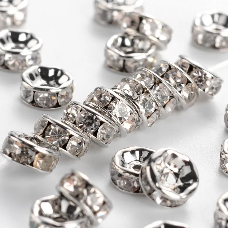 100pcs Clear Brass Middle East Rhinestone Nickel Free Loose Spacer Bead Platinum /SilverMetal Color 6x3mm hole: 1mm F60 | Украшения и