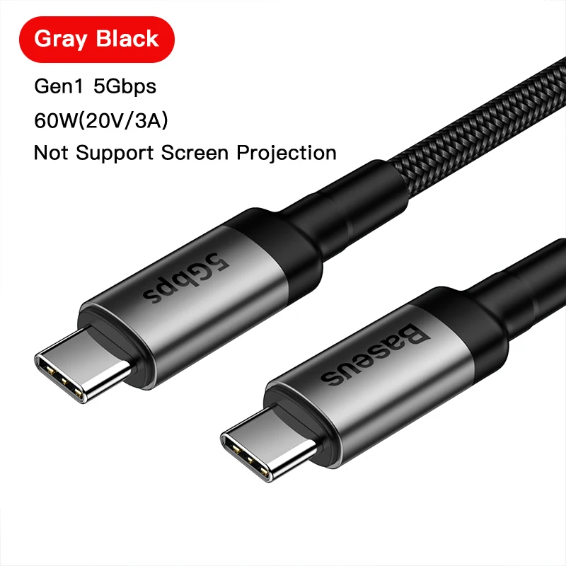 Gray Gen 1 60W Кабель Baseus USB 3,1 type-C-USB C для MacBook 100 Вт PD Quick Charge 4,0 3,0 для samsung Note 10 S10 USBC USB-C шнур зарядного устройства - Цвет: Gray Gen 1 60W