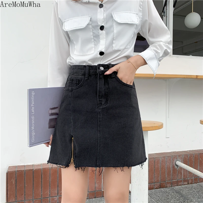 

AreMoMuWha Summer Korean Version of Chic S-5XL High Waist A Word Denim Skirt Female Split Fork Irregular Package Hip Skirt MH307