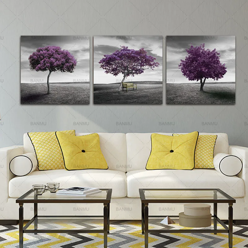 3 Piece Free Shipping canvas Modern Wall Art Home Decoration Purple Tree Large Living Room Oil Painting Pictures on Canvas Print | Дом и сад