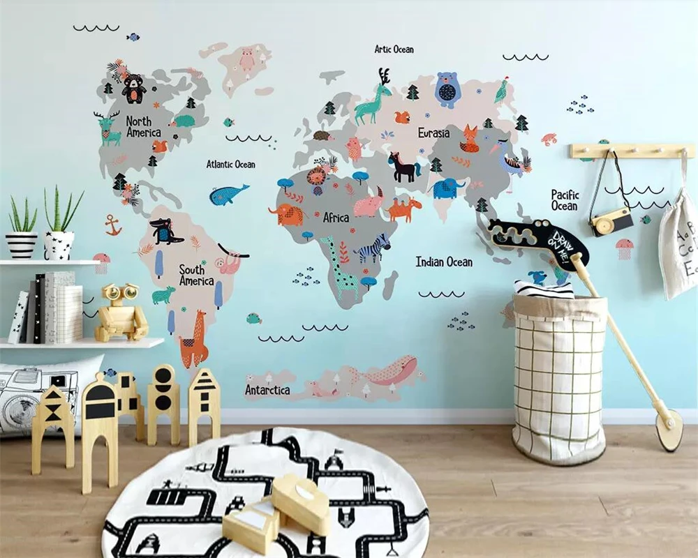 

Beibehang Custom wallpaper hand-painted cartoon world animal map children's room mural home decoration room mural 3d wallpaper