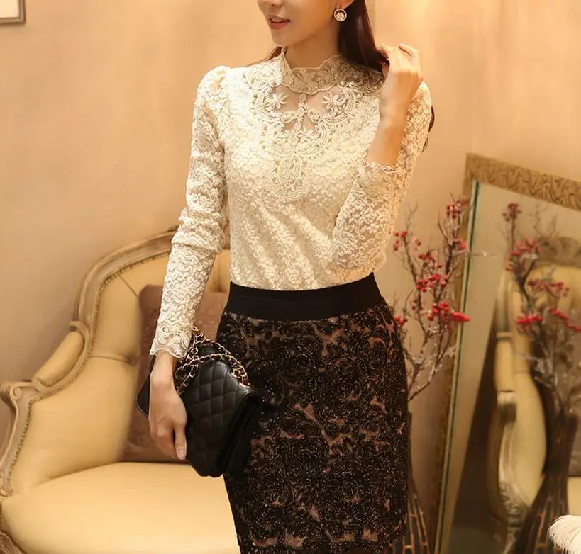 S-3XL Women Chiffon blouse shirt Sexy slim Beaded lace Tops Stand collar long sleeved Casual shirt Patchwork Women clothing