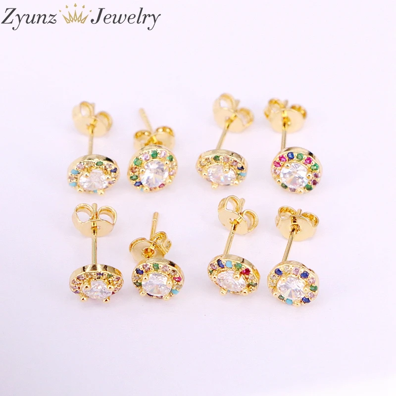 

10 Pairs, 7mm, Rainbow CZ Round Stud Earrings for Women Cubic Zirconia Earrings Wedding Jewelry
