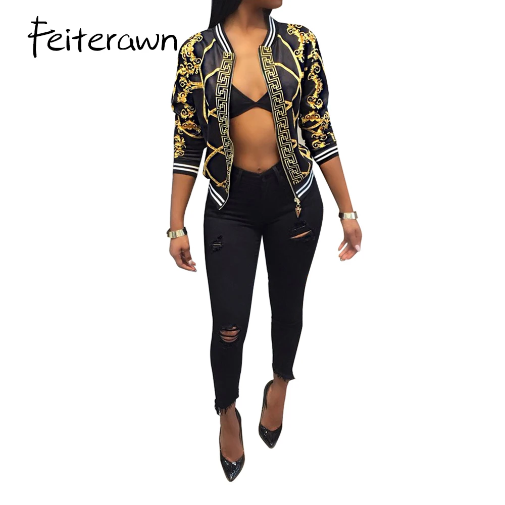 Feiterawn 2018 Autumn Winter Print Slim Jacket White Black Stand Collar Long Sleeve Fashion Jackets Women Zipper Female Tops | Женская