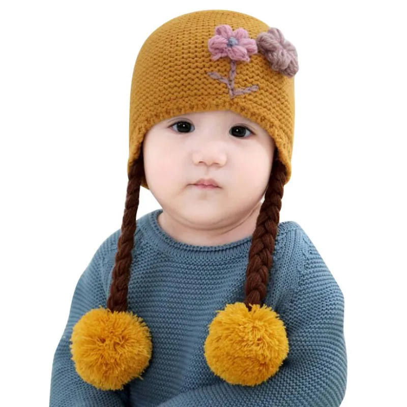 Цвет: желтый Newborn Baby Toddler Knit Hat Flower Baby Cap Infant Girls Bonnet Cute Hats Soft Cotton Newborn Baby Photo Props 6-24M - Цвет: Цвет: желтый