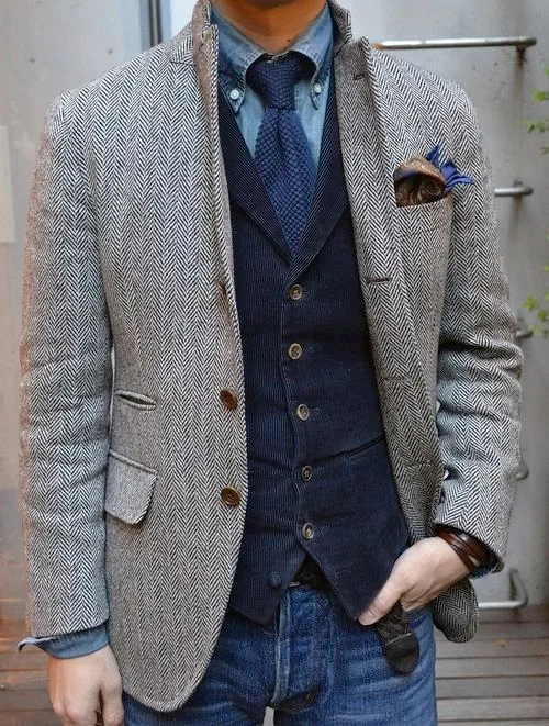 Серый шерстяной твид в елочку смокинг Британский мужской костюм Slim Fit Для мужчин дизайн блейзера индивидуальный заказ свадебные костюмы для мужчин - Цвет: Серый