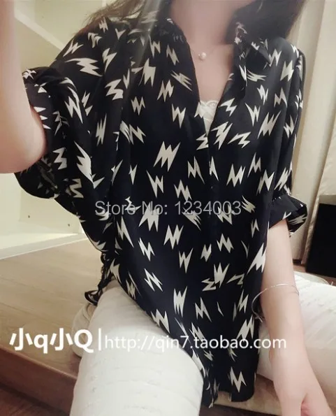 Free shipping 2014 summer new European style bat shirt printing loose casual female Lightning |