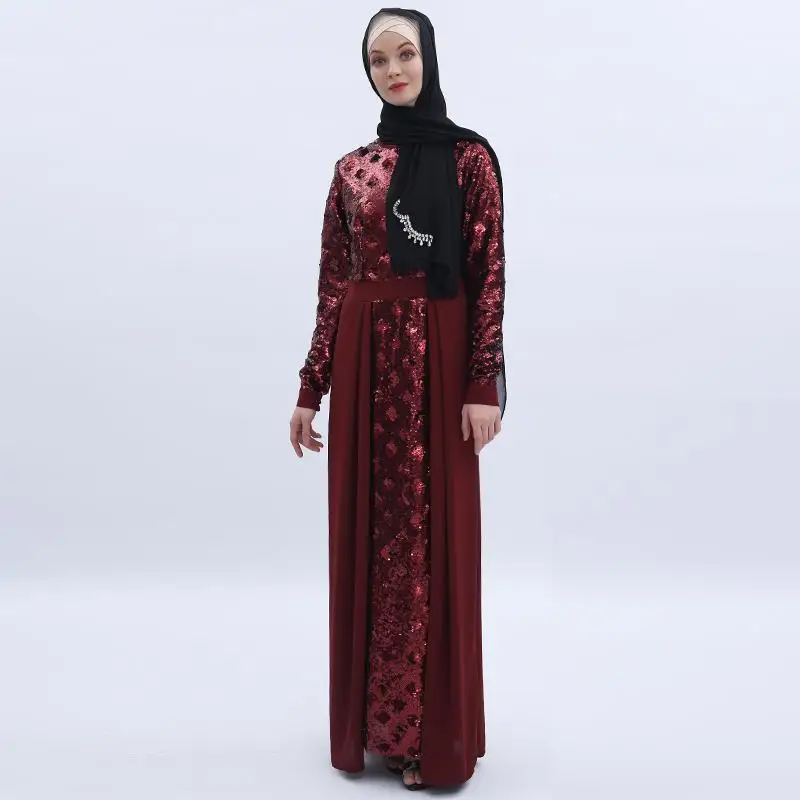 Wine Red Дубайский кафтан с блестками мусульманский абайя Макси Вечерние платья арабский джилбаб халат платье Элегантная Исламская одежда с круглым вырезом лоскутное платье Мода - Цвет: Wine Red