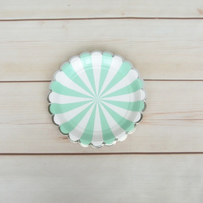 32 шт. 9 дюймовые бумажные тарелки мятный полосатый с фольгой Серебряный Гребешок