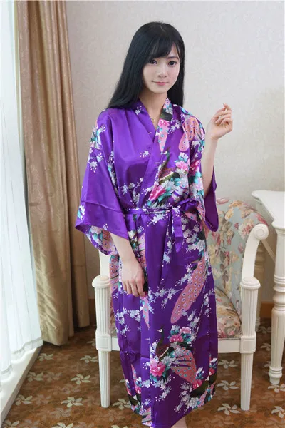Purple Розовый Свадебный халат для невесты, подружки невесты, Цветочный халат, Атласный халат из вискозы, ночная рубашка, женское кимоно, юката, длинная Пижама, ночная рубашка JA29 - Цвет: Purple