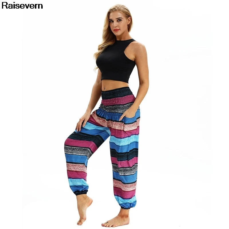 Женские шаровары с высокой талией летние свободные штаны эластичной в стиле бохо