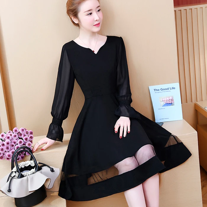 Женское шифоновое платье с кружевом черное большого размера