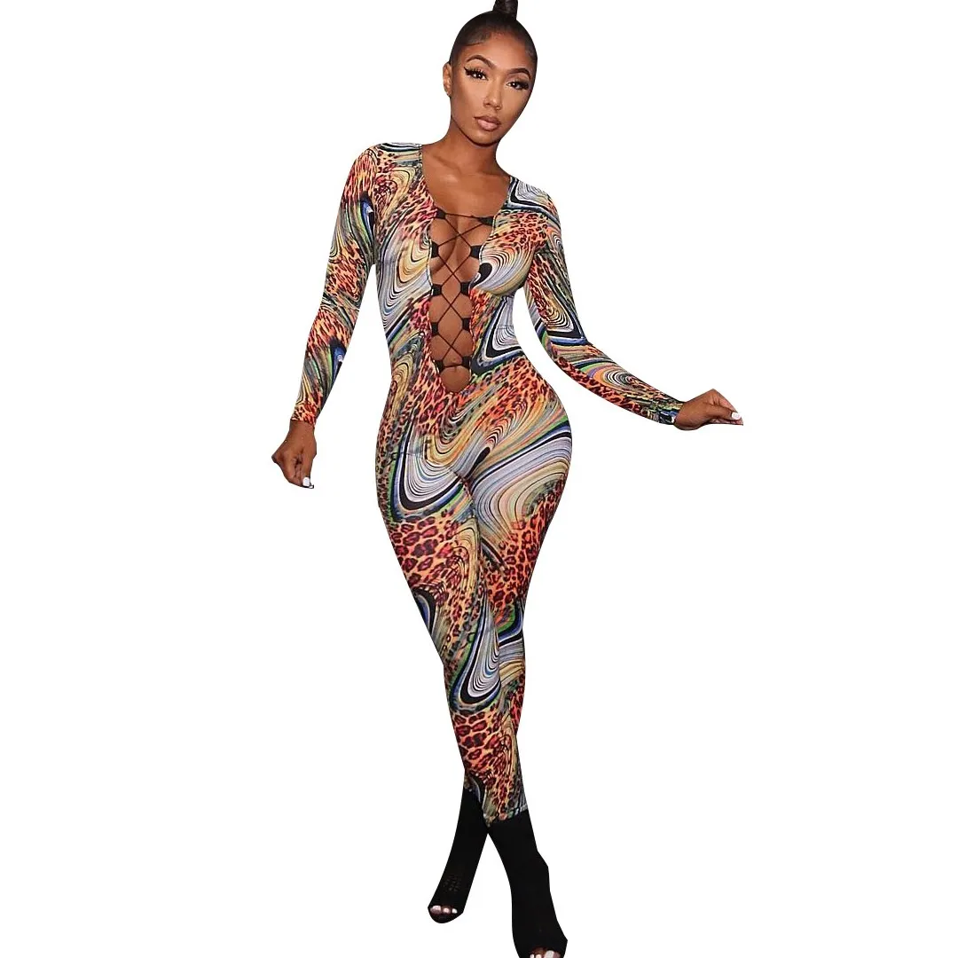 Женский сексуальный комбинезон на шнуровке облегающий Осенний с длинным рукавом