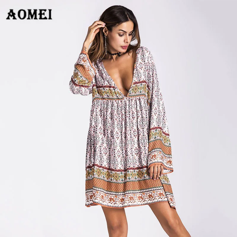 Для женщин oversize-платье Цветочный принт Boho туника для Девочек Глубоким v-образным