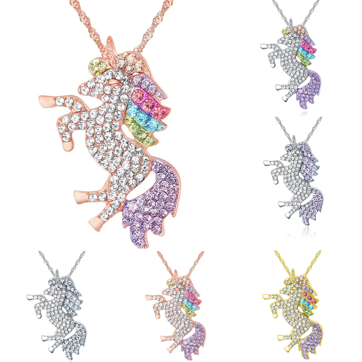 Мода и милые красочные животных Единорог со стразами цепочки ожерелья для женщин