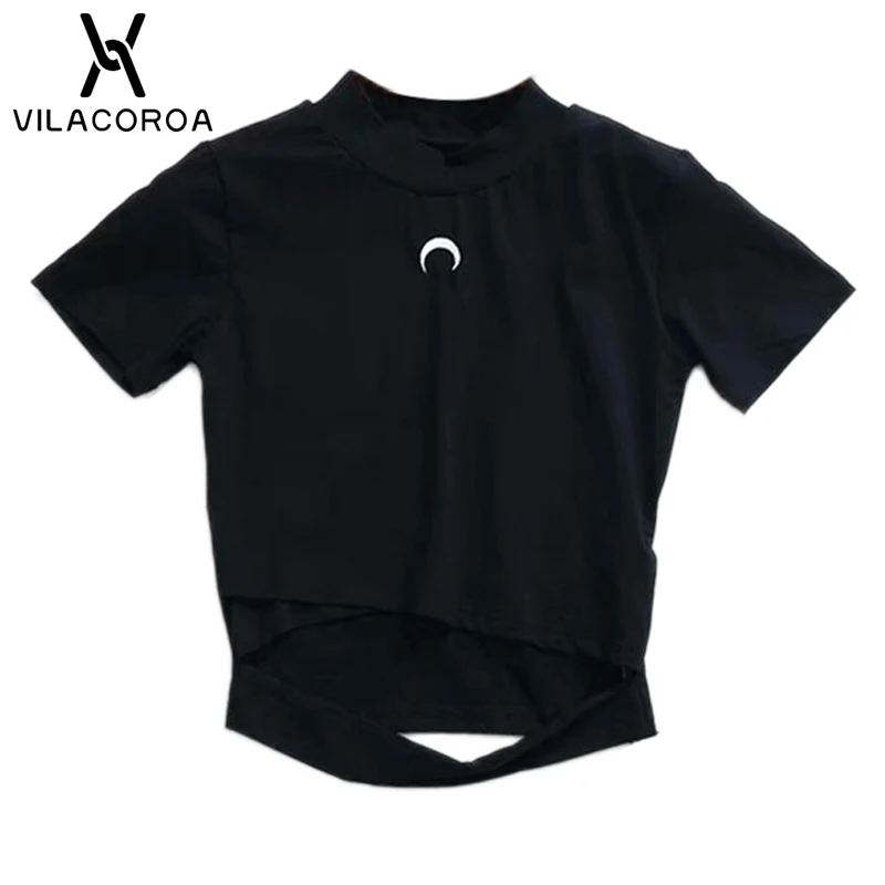 Черный Летняя повседневная спортивная женская футболка в стиле Харадзюку красного и черного цвета, футболка с круглым вырезом и коротким рукавом, футболка с высокой талией, женские блузы - Цвет: Черный