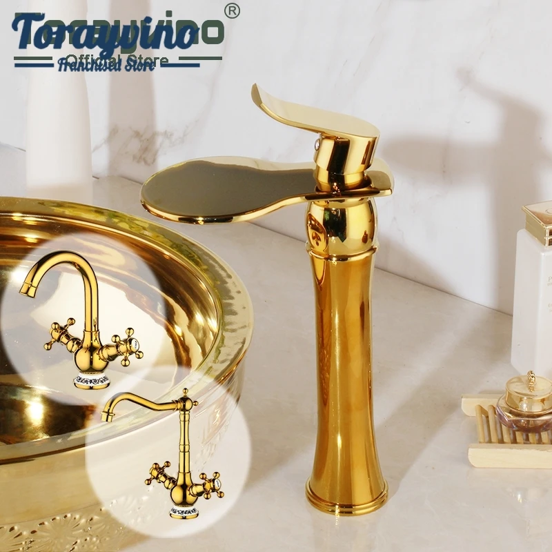 Torayvino вращающийся золотой Латунный кран для кухонной раковины с двойными ручками