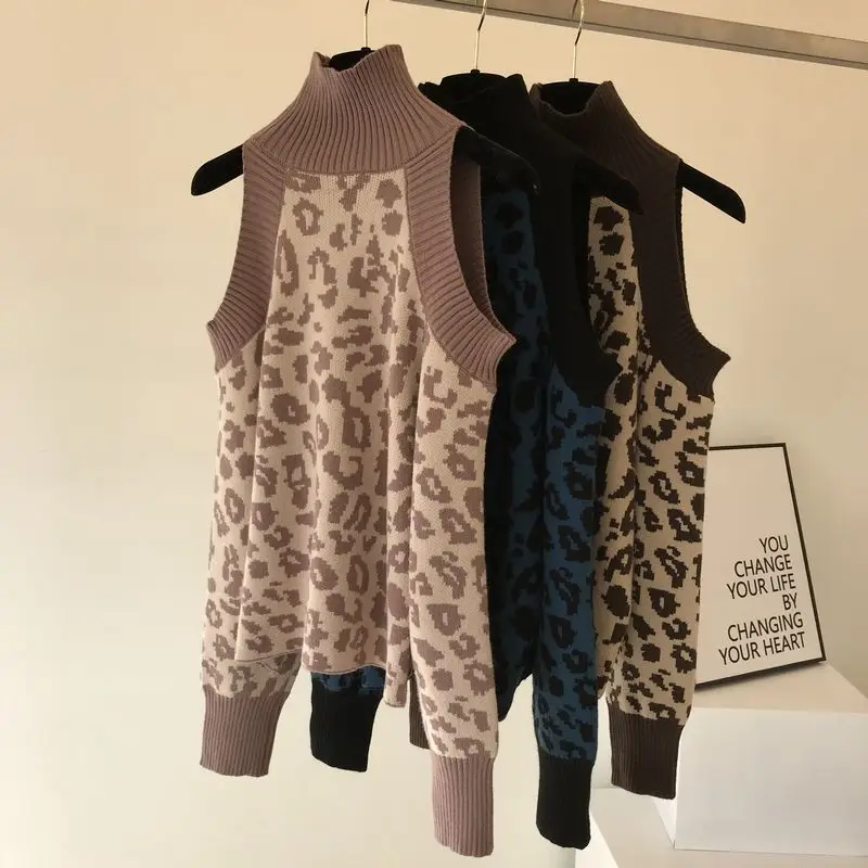 Amolapha Women Off Shoulder Leopard Print Turtleneck Knitted Sweater Jumper Tops Woman Fashion Sweaters Costumes | Женская одежда