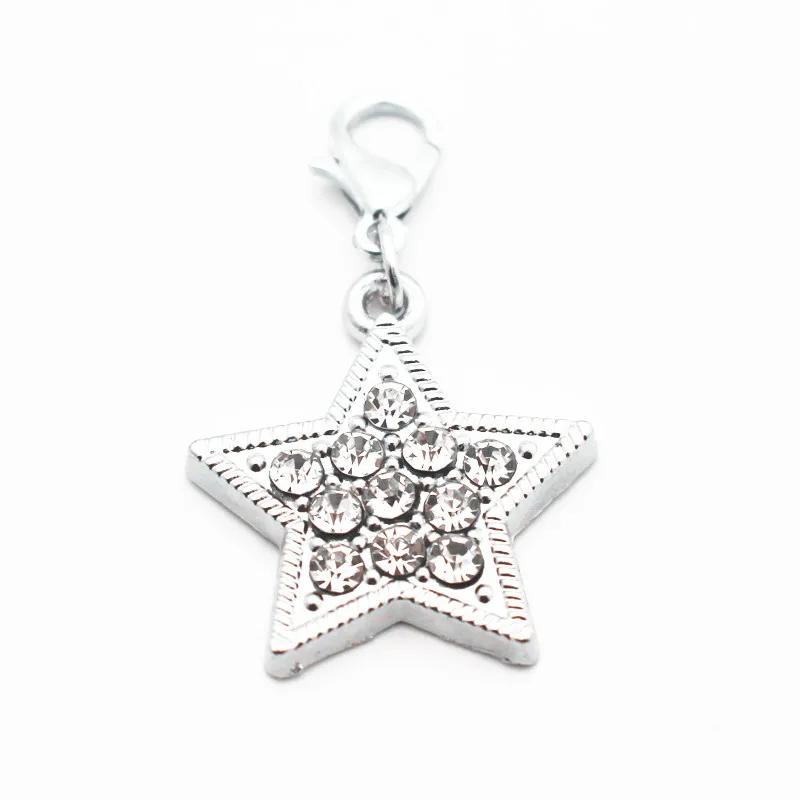 

Оптовая продажа, 20 шт./лот, металлическая серебряная звезда, кристалл, Висячие Подвески, карабин, Подвески, подходят для DIY браслета, ожерелья...