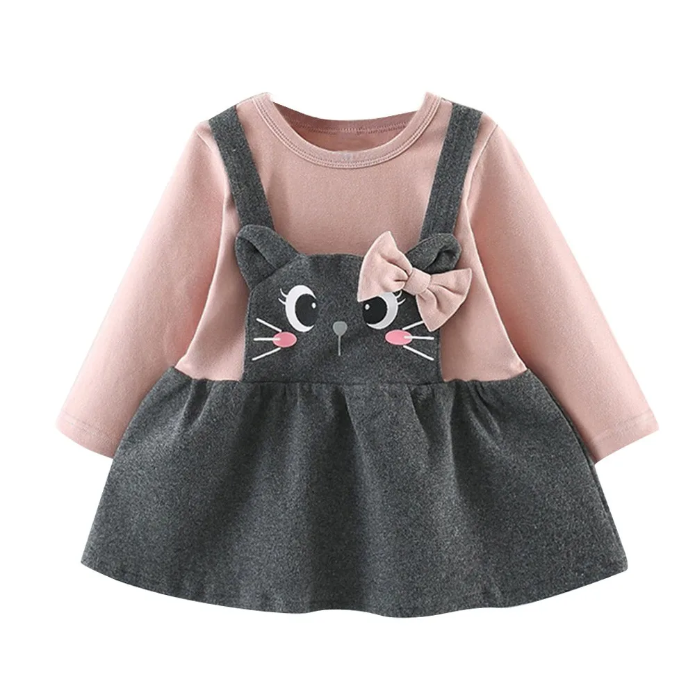 PK С бантом и принтом в виде кошки платье с принтом для девочек, одежда с длинным рукавом, платье с рисунком кота из мультфильма, с бантом, праздничное платье принцессы для детей размера плюс зимняя 1D6 - Цвет: PK