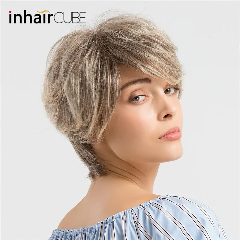 INHAIR cube синтетические парики из натуральных волн короткие парики для женщин пушистый Омбре парик из человеческих волос дышащий парик