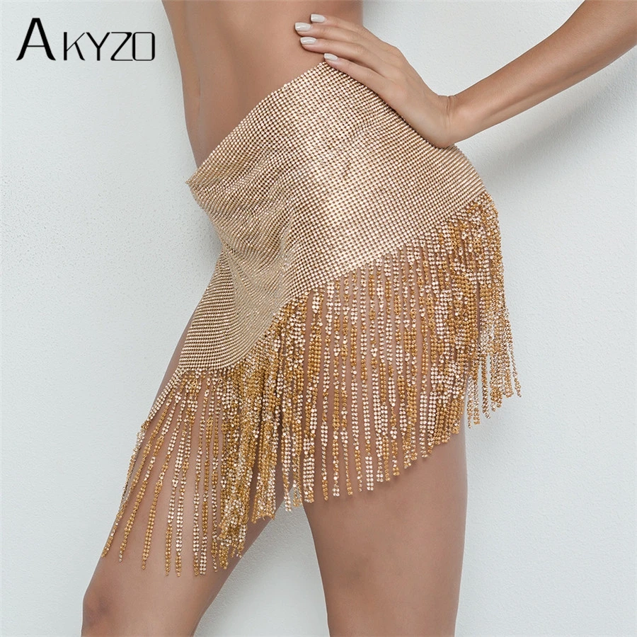AKYZO, модные стразы, цепочка, кисточка, юбка для женщин, сексуальная, открытая, с разрезом, роскошная, для ночного клуба, вечерние посылка, бедра, мини платье