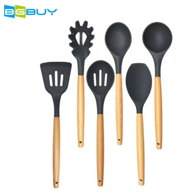Silicone Cooking Utensils 9 Piece with Bamboo Wood Handles Nonstick Cookware Set | Дом и сад