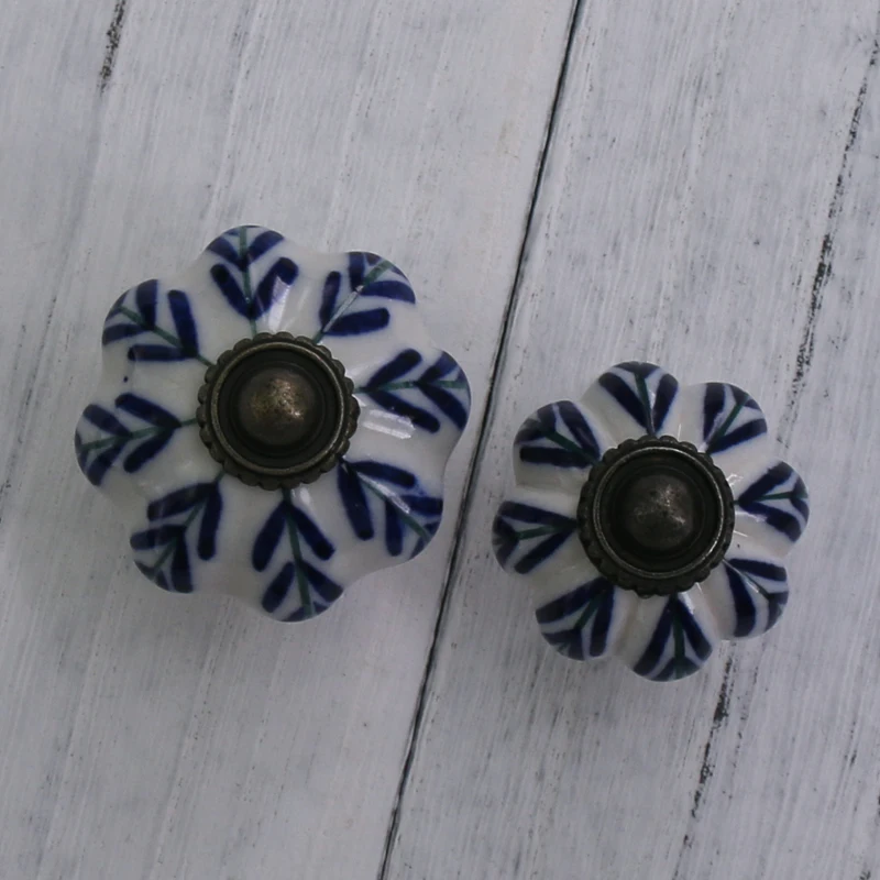 

6x Unique Ceramic Knobs Dresser Pulls Drawer Knob Kitchen Cabinet Pulls Cupboard Knobs Blue Leaf Painted Furniture Door Knob